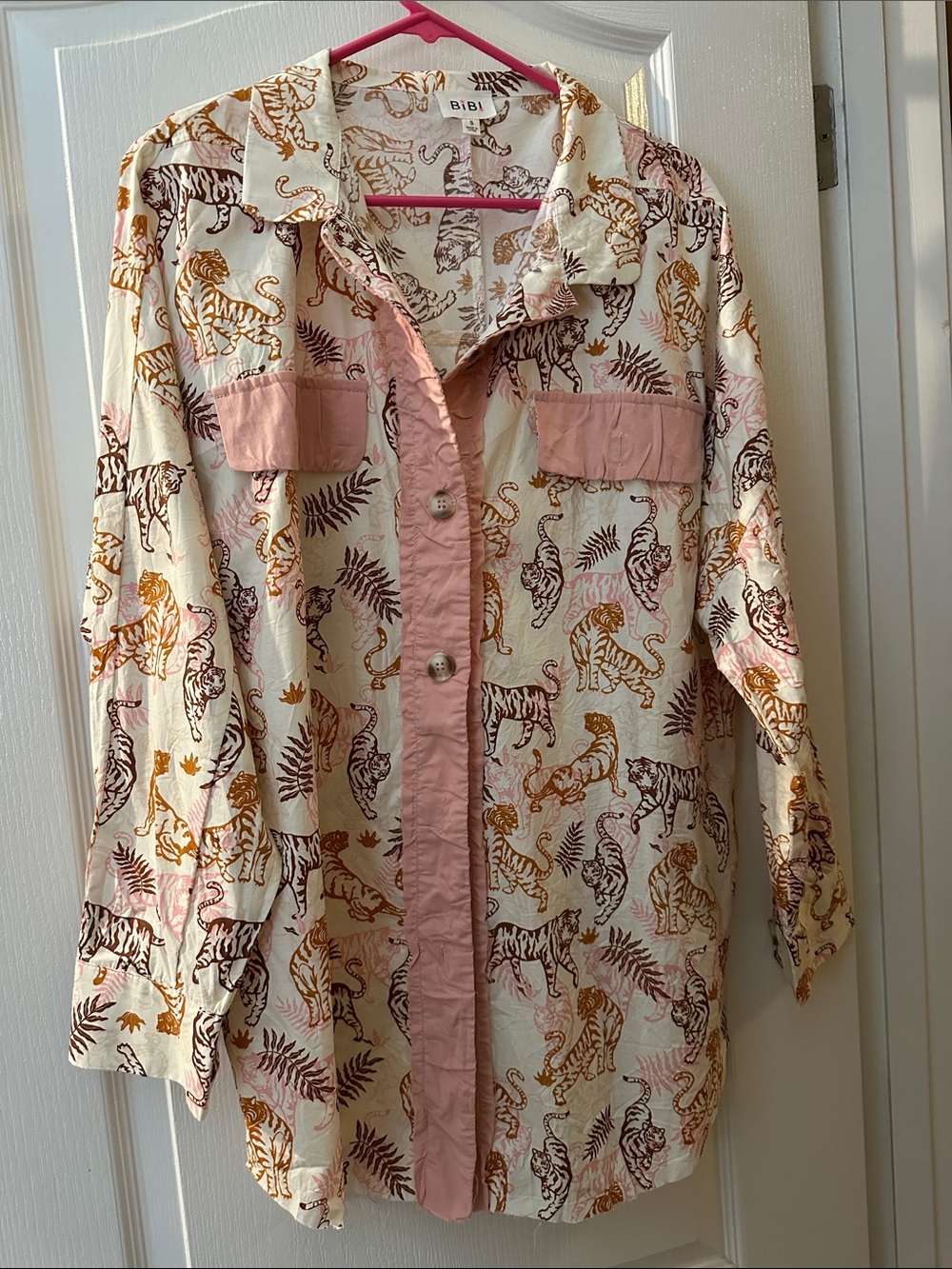 BiBi Cream Tiger & Fern Button-Up Shirt with Pink Accents